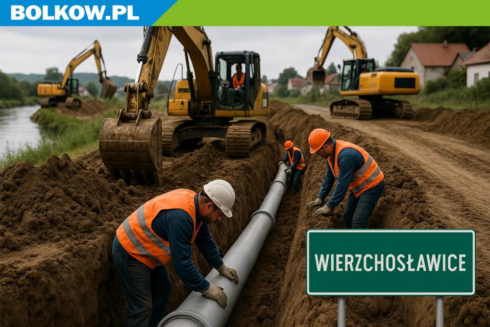 Na zdjęciu maszyny budowlane i robotnicy kopiący wodociąg i kanalizację