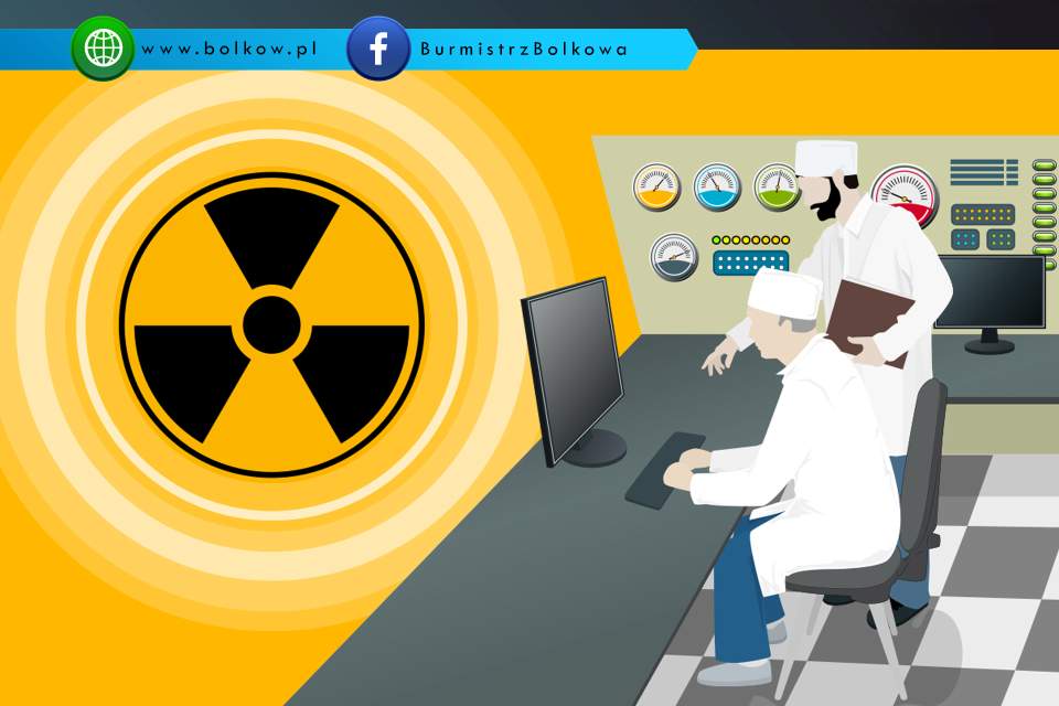 Na obrazie symbol radioaktywności oraz naukowcy w labolatorium